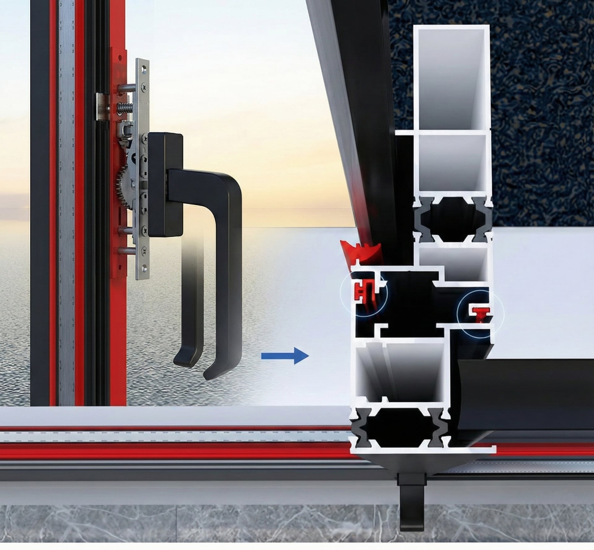 Phantom S-Series technical cross-section showing multi-point locking mechanism and thermal break system